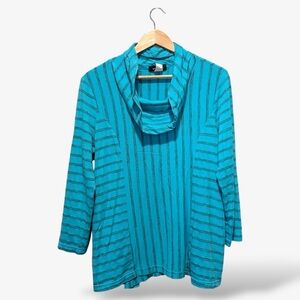 Yushi Blue Stripe Cowl Neck Bamboo Knit Top Lagenlook, Size M Casual
